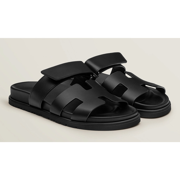 Hermes Chypre Sandal Black Calfskin Leather H Logo Strap Slide Slip On Flat 42 - Picture 1 of 12